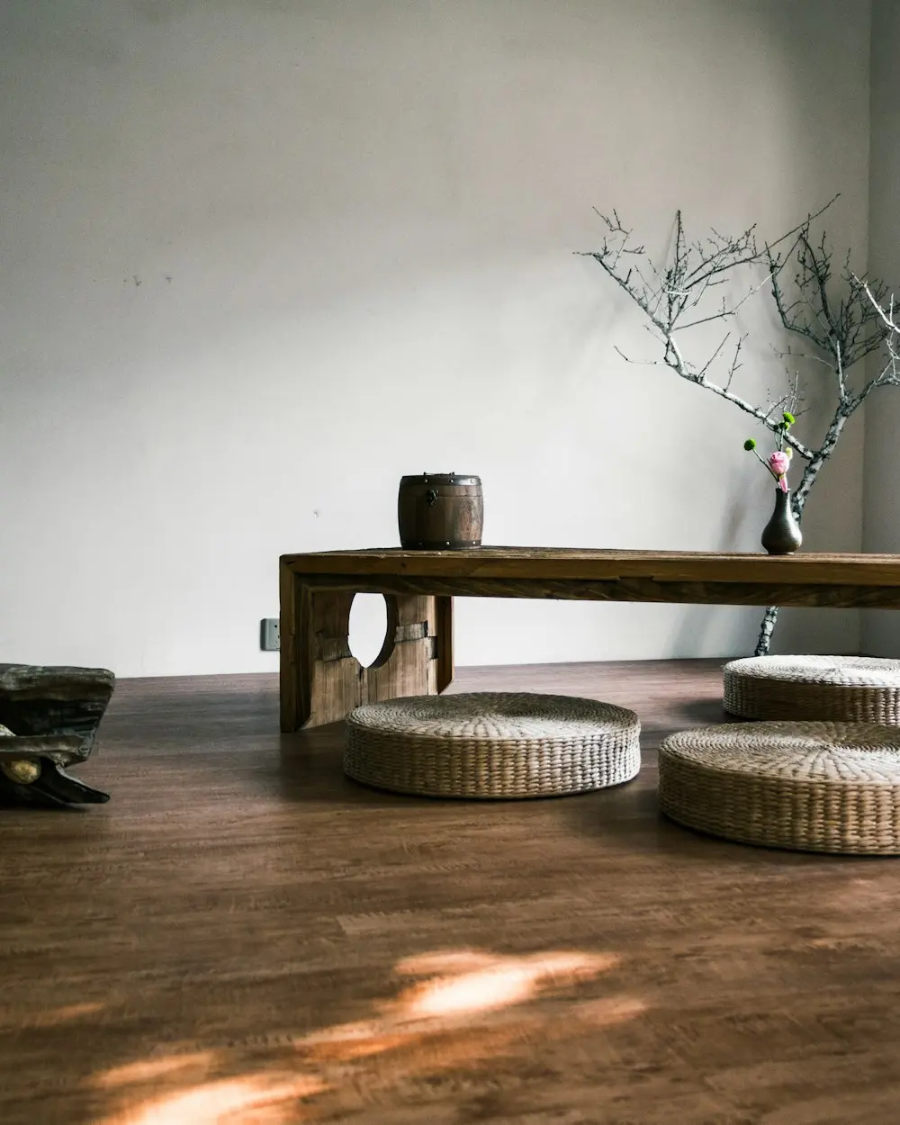 A quiet corner of the studio, a wooden bench by a bright window with plants, morning light